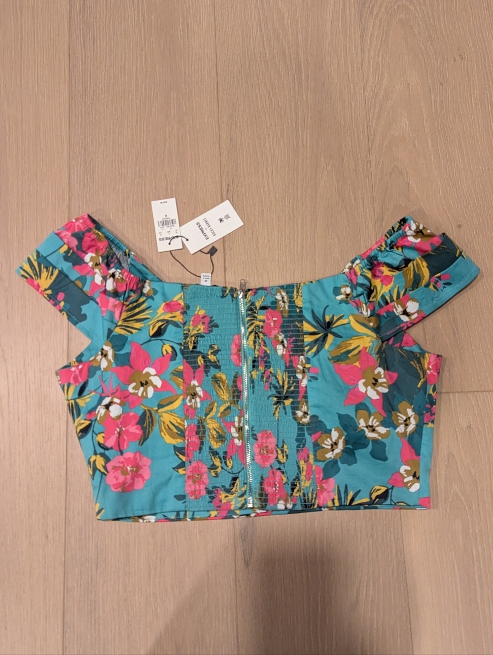 Teal Floral Off-Shoulder Crop Top - Picture 5 of 6